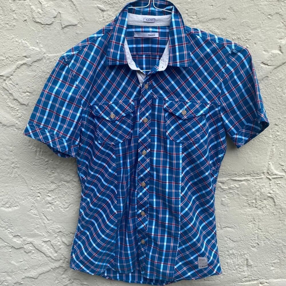Short sleeve button down collar plaid Gaudi shirt SLIM FIT XS